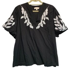 Jennifer & Grace Embroidered Blouse 1X Black White Leaf Cotton boho Peasant Top